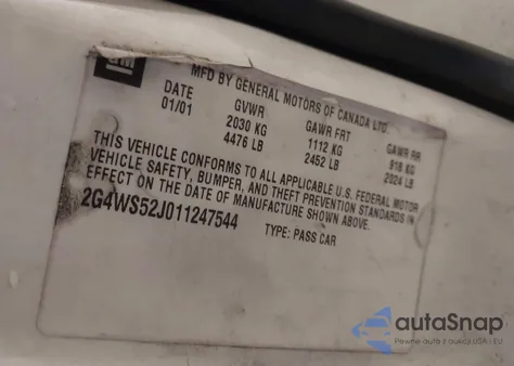 2001 Buick Century Custom from USA, damaged, VIN 2G4WS52J011247544